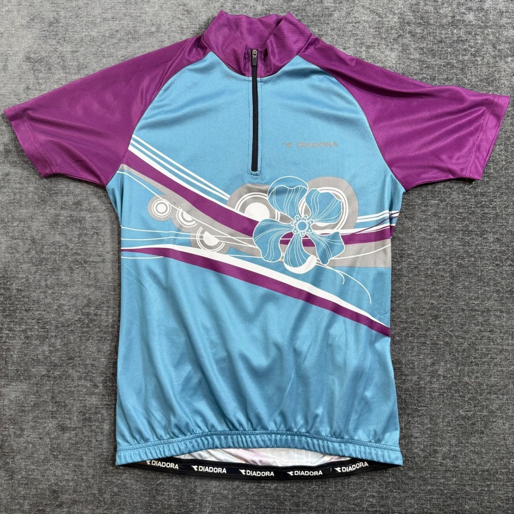 Diadora‎ Womens DIAdry Cycling Jersey Medium Teal Purple Floral 1/4 Zip Pocket